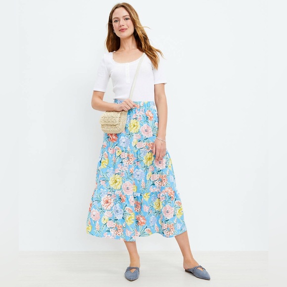 LOFT Dresses & Skirts - LOFT Floral Tiered Pull On Midi Skirt Women's SIZE LARGE linen blend